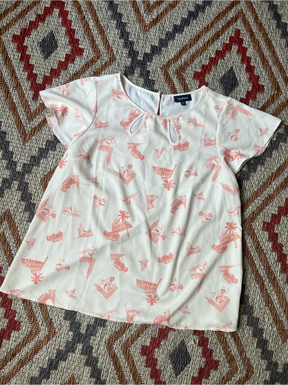 ModCloth Cream Travel Print Blouse Keyhole cutouts